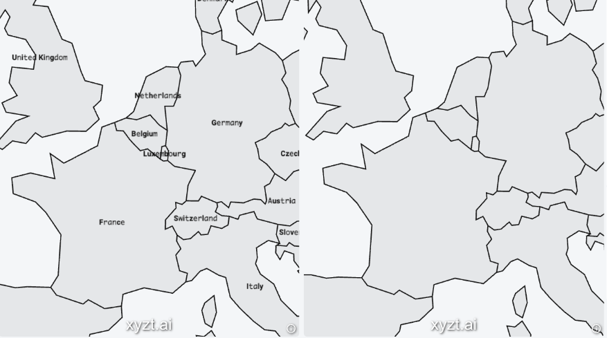 screenshot of two maps with labeled vs non-labeled areas of interest