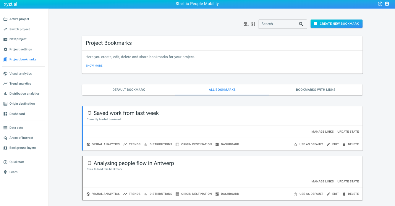 screenshot of the project bookmarks overview page