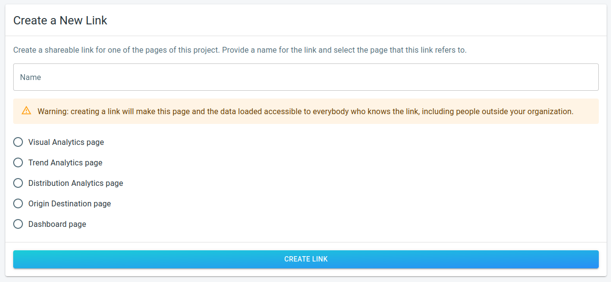 screenshot of the form to create a new link