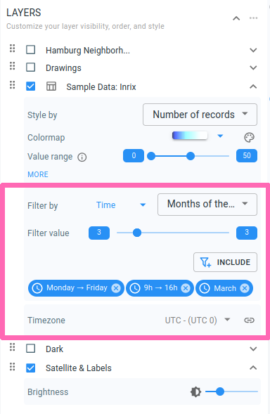 screenshot of the filters panel with included time filters