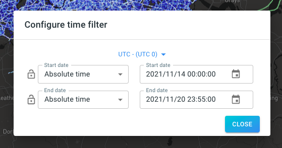screenshot of the timeline with annotations on how to manipulate the range filter